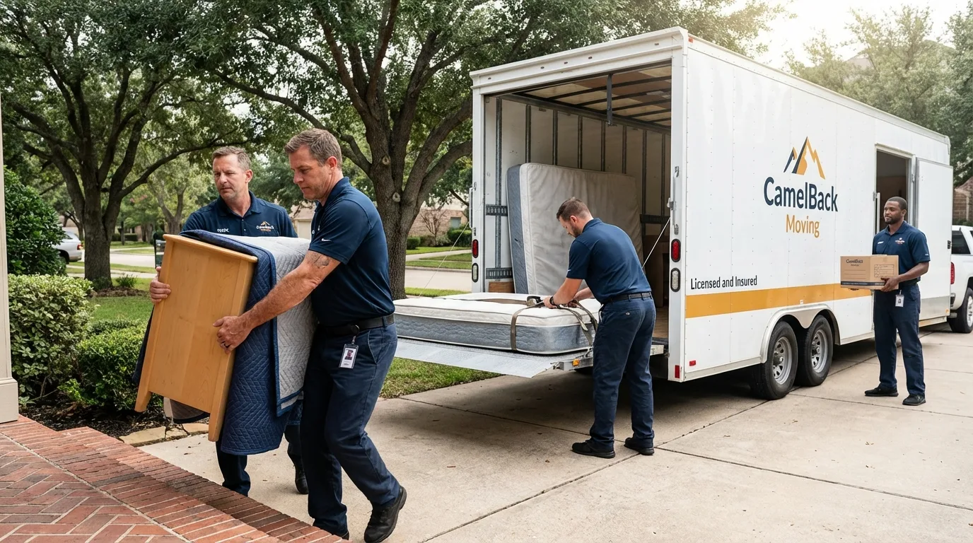 Crew loading residential truck for cross-state move from Stover, MO