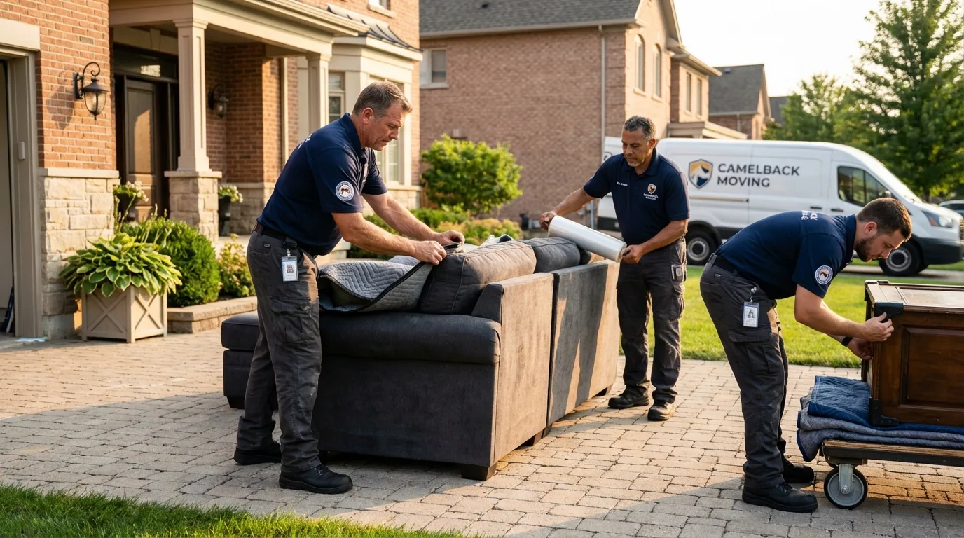 Large estate moving crew wrapping furniture in Stover, MO