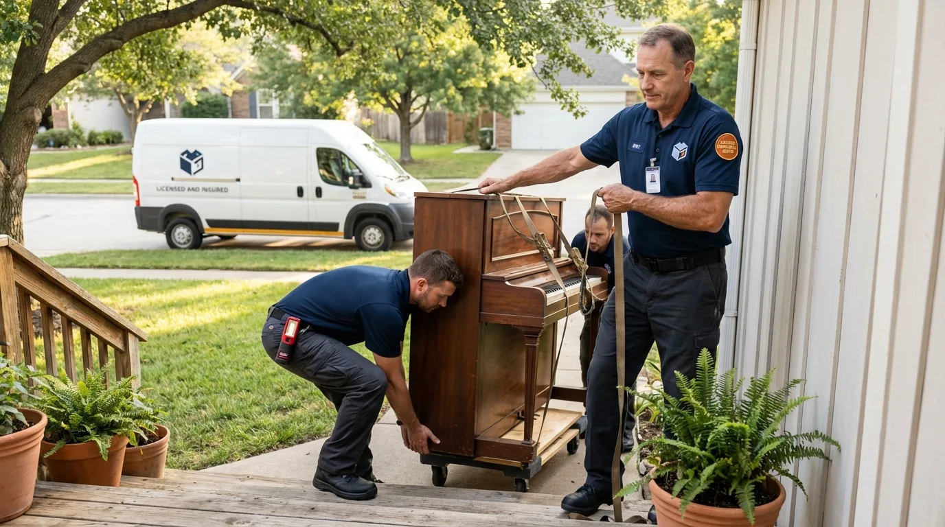 Licensed piano movers securing grand piano in Stover, MO