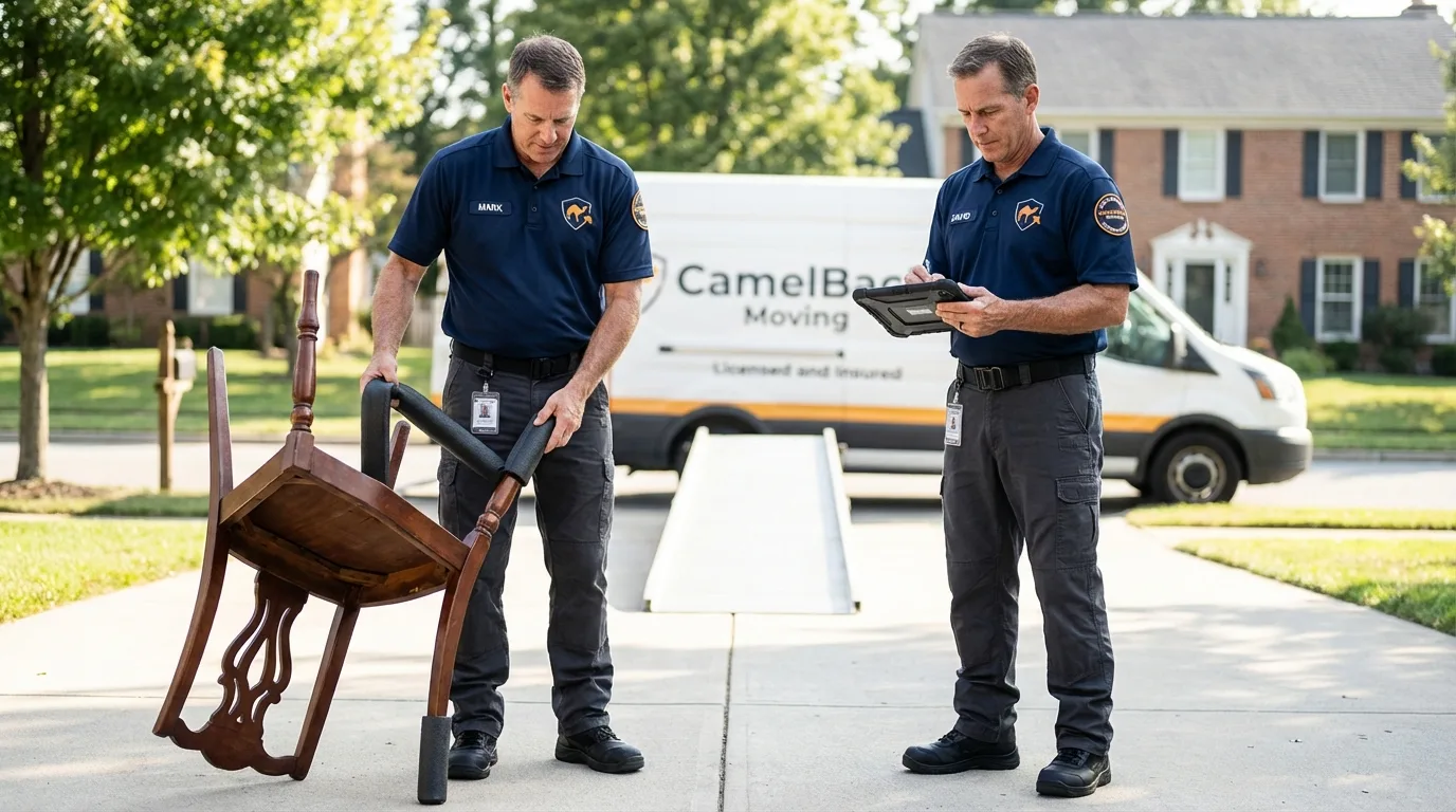 Movers inspecting furniture for damage prevention before loading in Stover, MO