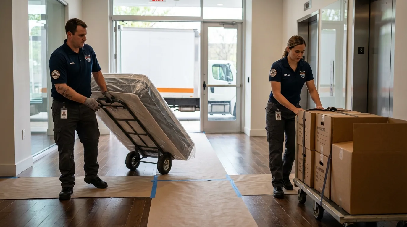 Professional apartment movers loading elevator in Stover, MO